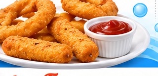 Onion rings and mozzarella sticks with dipping sauce